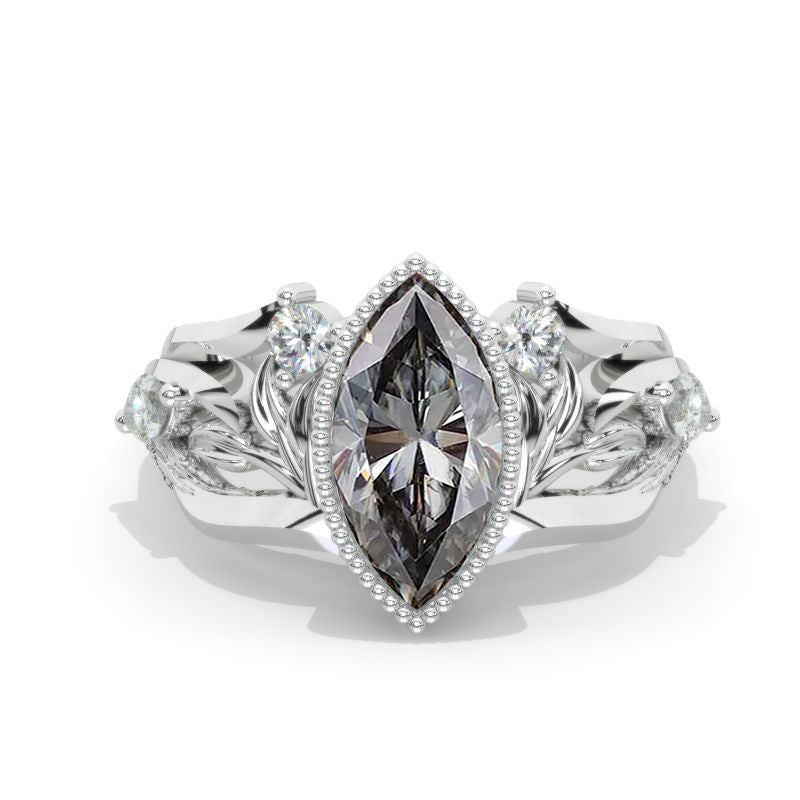 14K White Gold 1.5 Carat Marquise Cut Moissanite Floral Engagement Ring Model 1261
