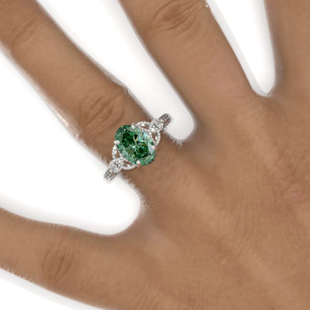 2CT Oval Halo Green Moissanite Vintage Wedding Ring. 2 Carat Oval Engagement Ring Anniversary Ring, Baguette Double Halo Ring Model 971-10x7