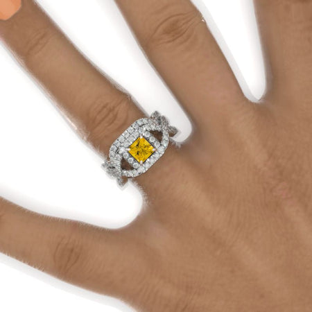 1 Carat Princess Cut Genuine Yellow Citrine Halo Twisted Shank Engagement Ring, Eternity Ring Set Model 947