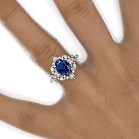 3 CT Oval Halo Royal Blue Sapphire Vintage Wedding Ring. 14K White Gold Engagement Ring Anniversary Ring, Baguette Double Halo Ring Model 997-10x7