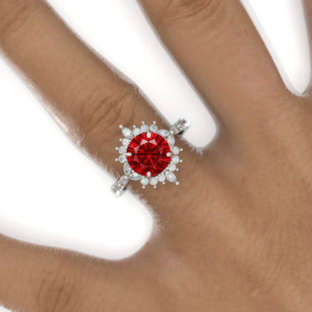 2 Carat Round Ruby Floral Halo Shank Engagement Ring
