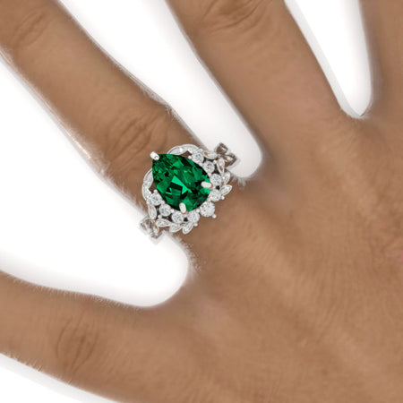 3 Carat Pear Emerald Halo Floral Twig Engagement Ring 14K White Gold Ring