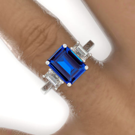 3 Carat Emerald Cut Royal Blue Sapphire Three-Stone  Engagement Ring