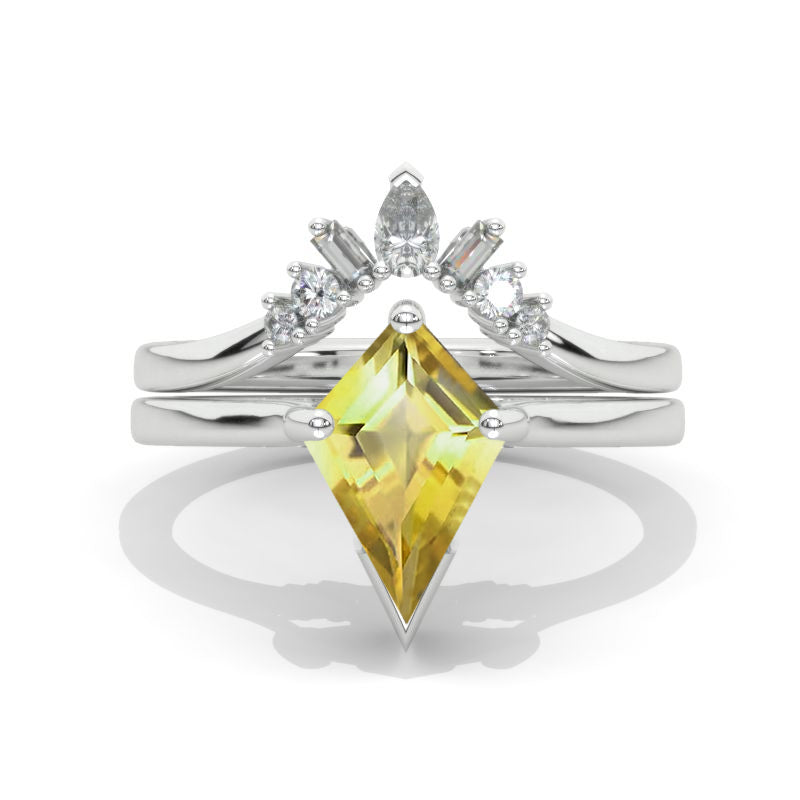 14K White Gold 3 Carat Kite Genuine Yellow Citrine Halo Engagement Ring, Rings Set Model 847-12x8