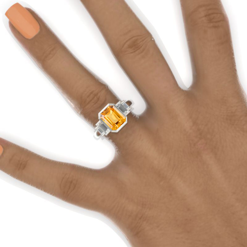 3 Carat Emerald Cut Bezel Set Genuine Yellow Citrine Five-Stone Engagement Ring Model 853-9x7mm