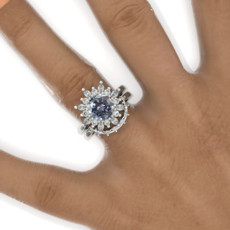 14K White Gold 2  Carat Round Gray Moissanite Halo Engagement Ring Eternity Ring Set