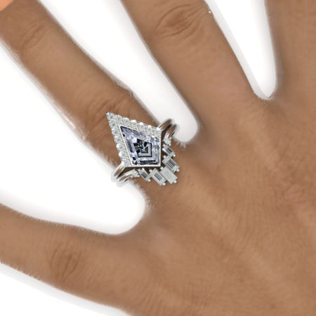 2.5 Carat Kite Gray Moissanite Halo Engagement Ring Set. 2.5CT Fancy Kite Shape Bezel Gray Moissanite Ring Set