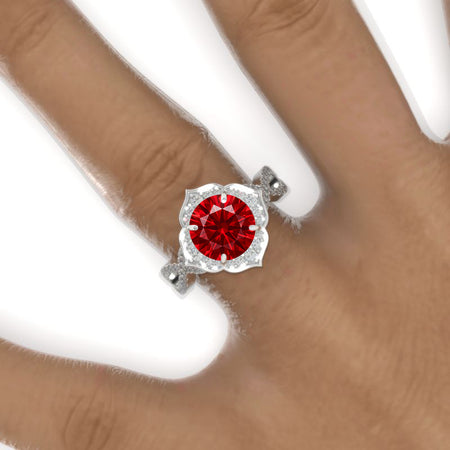 2 Carat Round Ruby Floral Halo Twisted Shank Engagement Ring