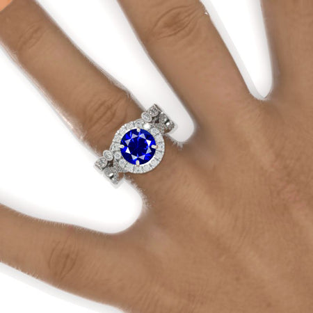 2 Carat Round Royal Blue Sapphire Halo Twisted Shank Engagement Ring, Eternity Ring Set