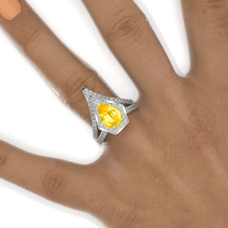 3 Carat Pear Halo Yellow Sapphire Engagement 14K White Gold  Ring Eternity Ring Set Model-1144