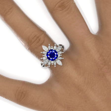 2 Carat Round Royal Blue Sapphire Snowflake Halo Engagement Ring Model 1130