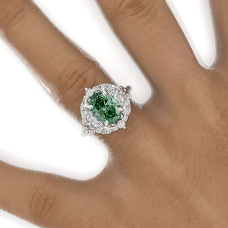 2 Carat Oval Green Moissanite Floral Leaves Setting White Gold Engagement Ring