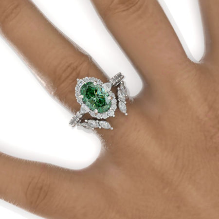 3 Carat Oval Green Moissanite Halo Engagement Ring Eternity Ring Set Model 980-10x7