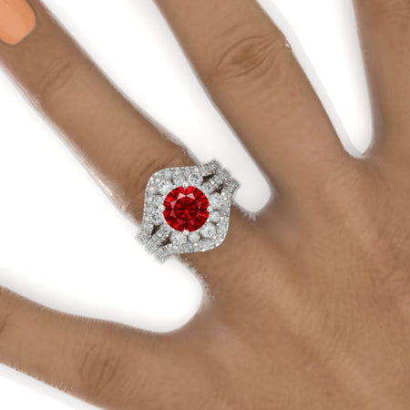 2 Carat Round Ruby Snowflake Halo Engagement Ring Set. Victorian 14K White Gold Ring Set