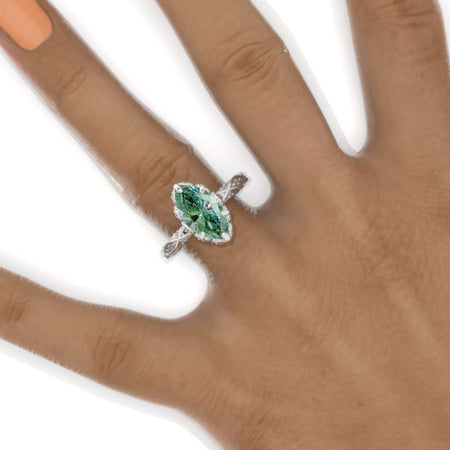 2 Carat Marquise 14K Solid Gold Ring 12x6mm Halo Marquise Green Moissanite Floral Wedding Ring. Engagement Ring Anniversary Ring Model 1196