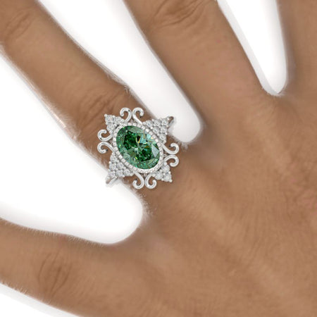 3 CT Oval Halo Green Moissanite Vintage Wedding Ring. 14K Solid Gold Engagement Ring Anniversary Ring, Floral Halo Ring Model 1112-10x7