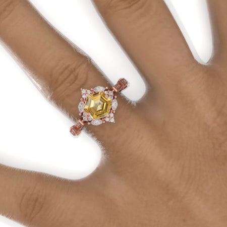 3 Carat Hexagon Genuine Yellow Citrine Halo 14K White Gold Engagement Ring Model 912-8