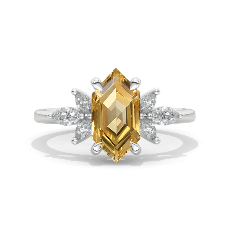 14K White Gold 3 Carat Hexagon Genuine Yellow Citrine Cluster Engagement Ring Model 866-10x6