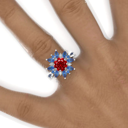 2 Carat Ruby Round Snowflake Floral Sapphire Halo Engagement Ring