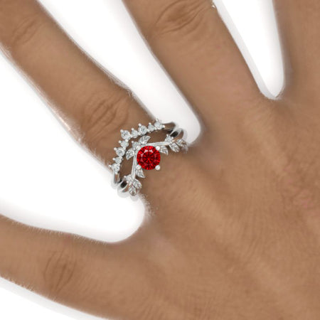 Ruby Floral Halo 14K White Gold Engagement Ring Set
