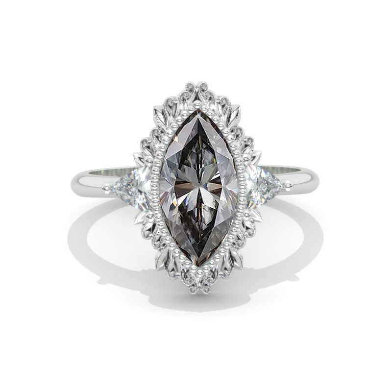 14K White Gold 1.5 Carat Marquise Cut Moissanite Floral Engagement Ring Model 1262
