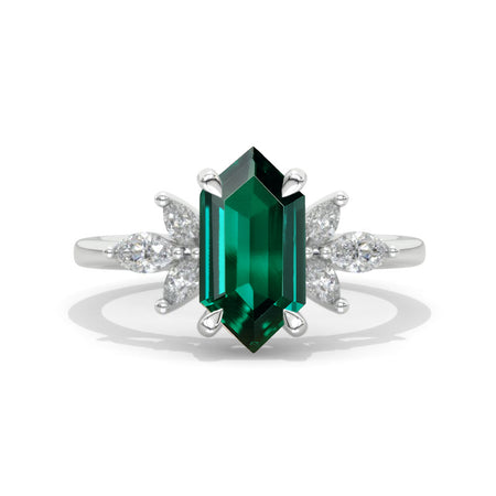 14K White Gold 3 Carat Hexagon Emerald Cluster Engagement Ring Model 866-10x6