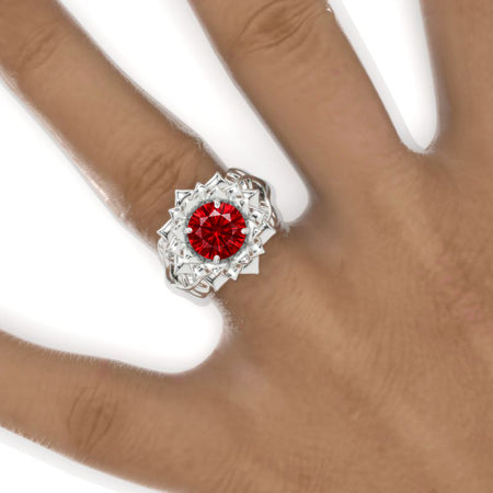 2 Carat Ruby Floral Halo Twig White Gold Engagement Ring