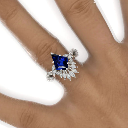 2.5 Carat Kite Royal Blue Sapphire Halo 14K White Gold Engagement Ring