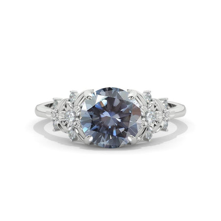2 Carat Round Gray Moissanite Floral  Engagement Ring. Victorian 14K White Gold Ring