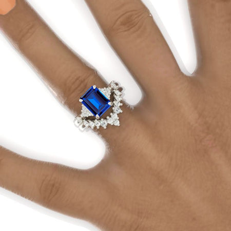 3 Carat Emerald Cut Cluster Royal Blue Sapphire White Gold Engagement Ring Set Model 861-9x7