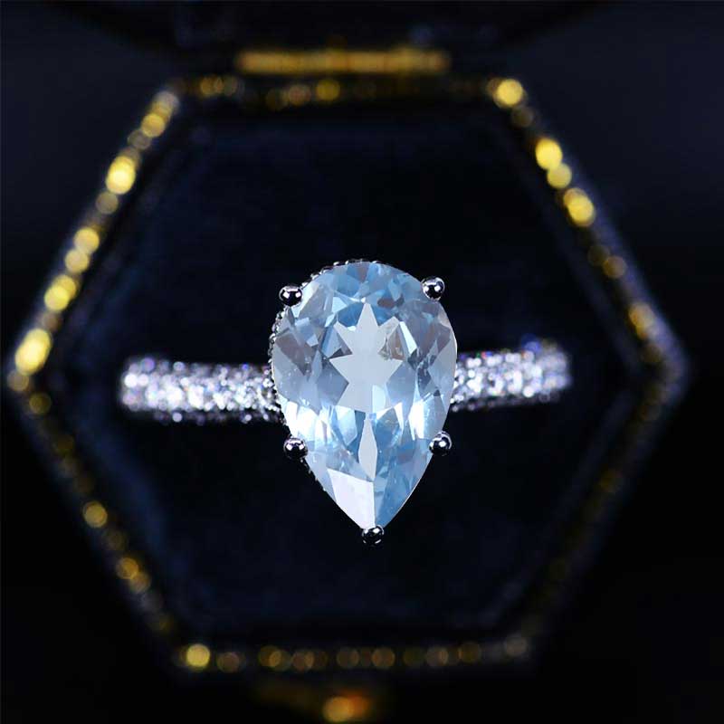4 Carat Pear Cut Giliarto Genuine Natural Aquamarine Hidden Halo Engagement Ring