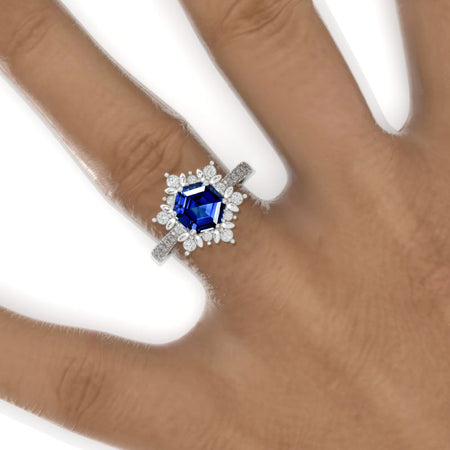 3 Carat Hexagon Royal Blue Sapphire Snowflake Halo 14K White Gold Engagement Ring Model 914-8