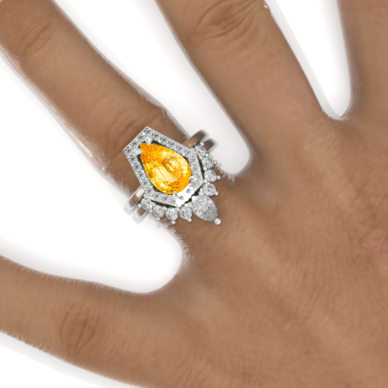 3 Carat Pear Genuine Yellow Citrine Halo Engagement Ring. Eternity Ring Set Model 846-11x7