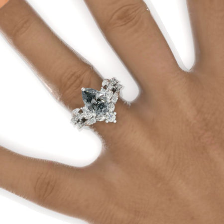 3 Carat Pear Halo Gray Moissanite Floral Engagement 14K White Gold  Ring Eternity Ring Set