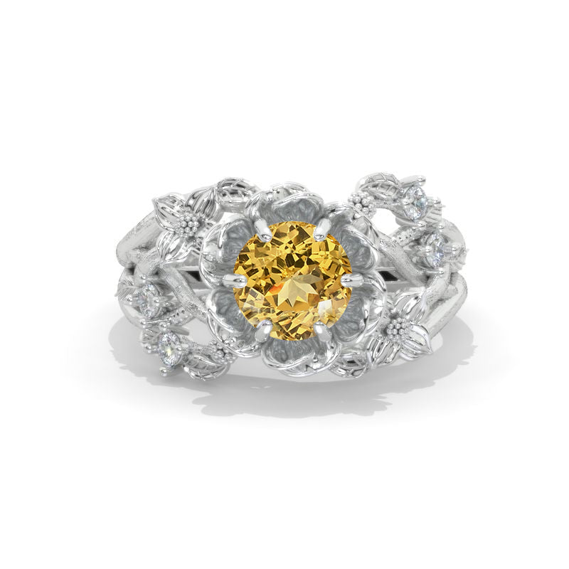 7mm Round Genuine Yellow Citrine Floral Leaves Style Engagement Ring Model 993-7