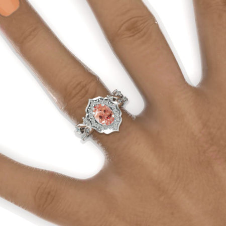 Vintage Oval Shaped Peach Sapphire Engagement Ring 14K White Gold Flower Rose Gold Ring Set for Women. Vintage Oval Halo Gold Ring Set Model 1037-8x6 