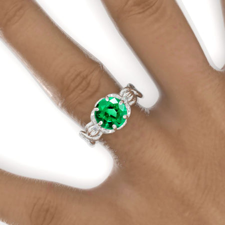 2 Carat Round Emerald Floral Twig Shank Engagement Ring