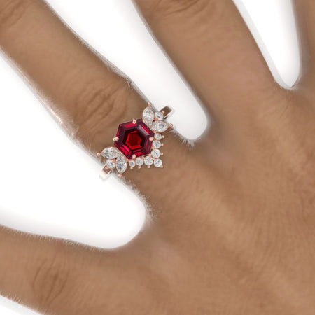 3 Carat Hexagon Ruby Cluster Halo 14K White Gold Engagement Ring