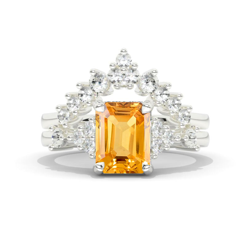 3 Carat Emerald Cut Cluster Genuine Yellow Citrine White Gold Engagement Ring Set Model 861-9x7