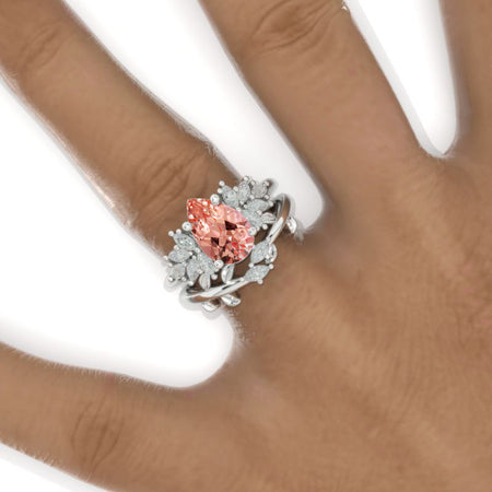 3CT Pear Shape Peach Sapphire Engagement Ring Set, 3 Carat Pear Floral Twig Design 14K White Gold Model 796-11x7