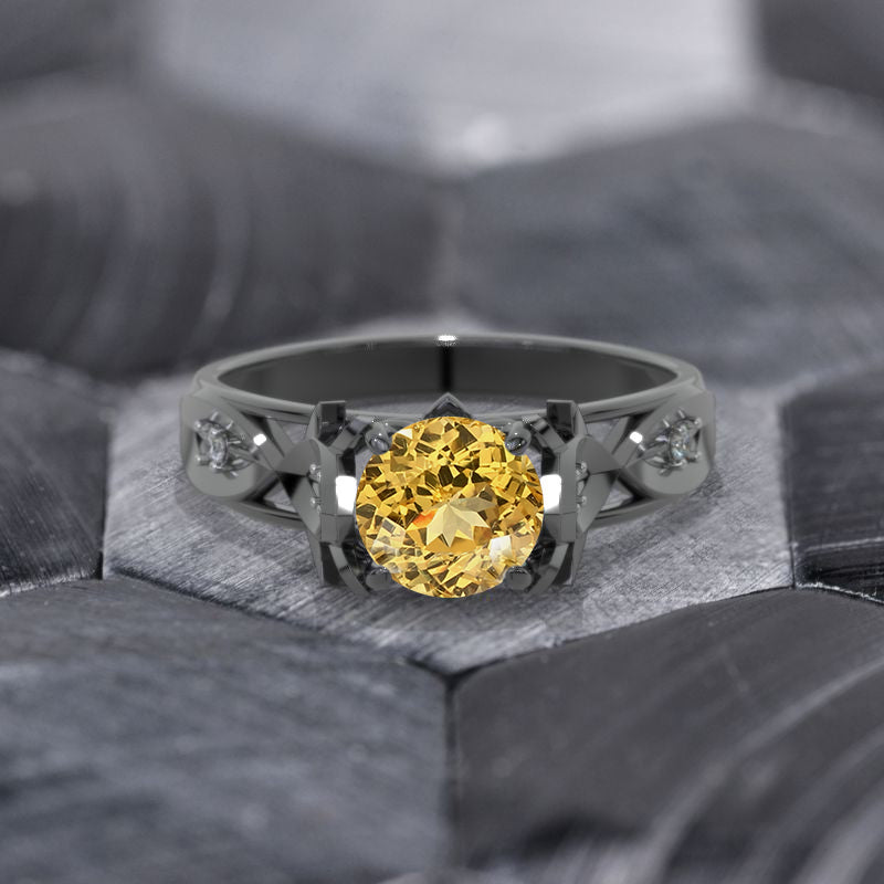 Celtic Genuine Yellow Citrine Floral Shank Black Gold Engagement Ring Model 1106-7 mm