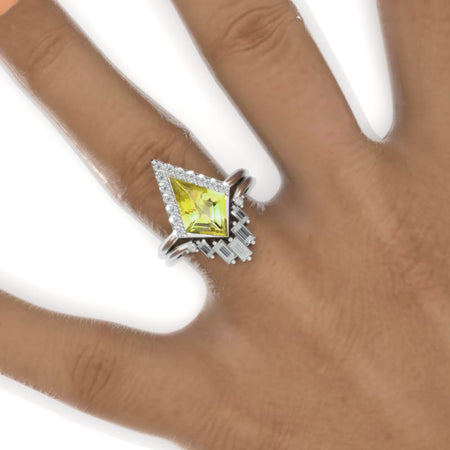 2.5 Carat Kite Yellow Sapphire Halo Engagement Ring Set. 2.5CT Fancy Kite Shape Bezel Yellow Sapphire Ring Set Model 936-12x8