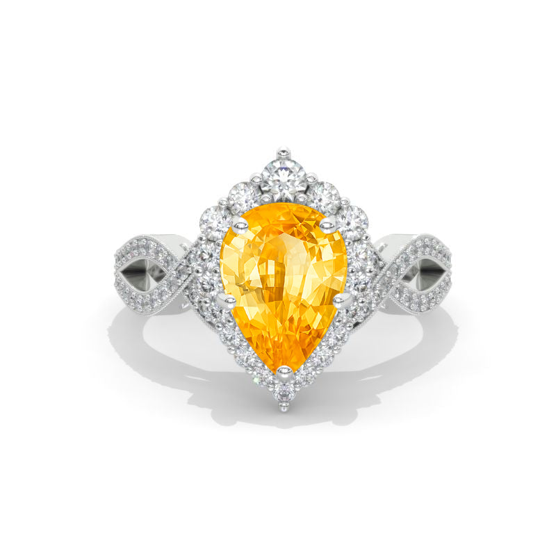 3 Carat Pear Genuine Yellow Citrine Twisted 14K White Gold Engagement Eternity Ring Model 970 H2
