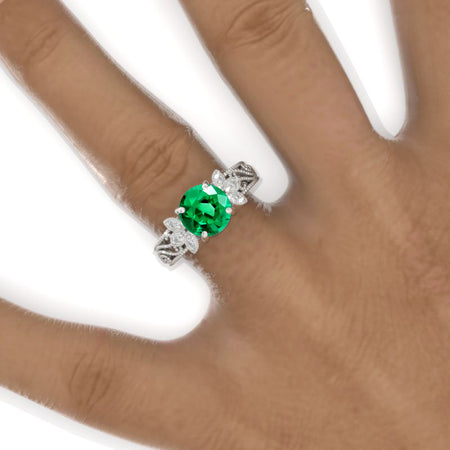 2 Carat Round Emerald Floral Lace  Shank Engagement Ring