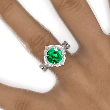 2 Carat Round Emerald Floral Halo Twisted Shank Engagement Ring Model-953