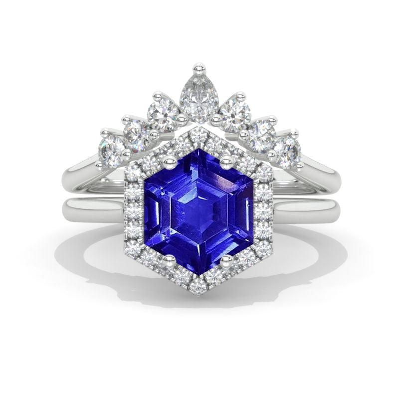 clio-https://clio.giliarto.com/ring/1/794	Natural Genuine Tanzanite	4 Carat Hexagon Moissanite Halo 14K White Gold Engagement Ring, Eternity Ring Set				
