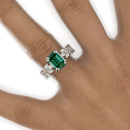 3 Emerald Cut Giliarto Green Moissanite  White Gold Floral Engagement Ring Model 850