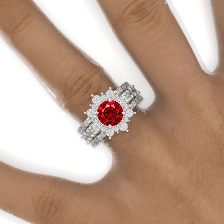 2 Carat Round  Brilliant Cut Ruby Halo 14K White Gold Engagement Ring, Eternity Rings Set