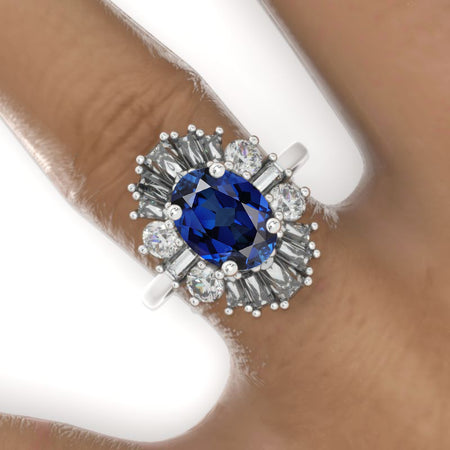 14K White Gold 3 Carat Oval Royal Blue Sapphire Halo Engagement Ring