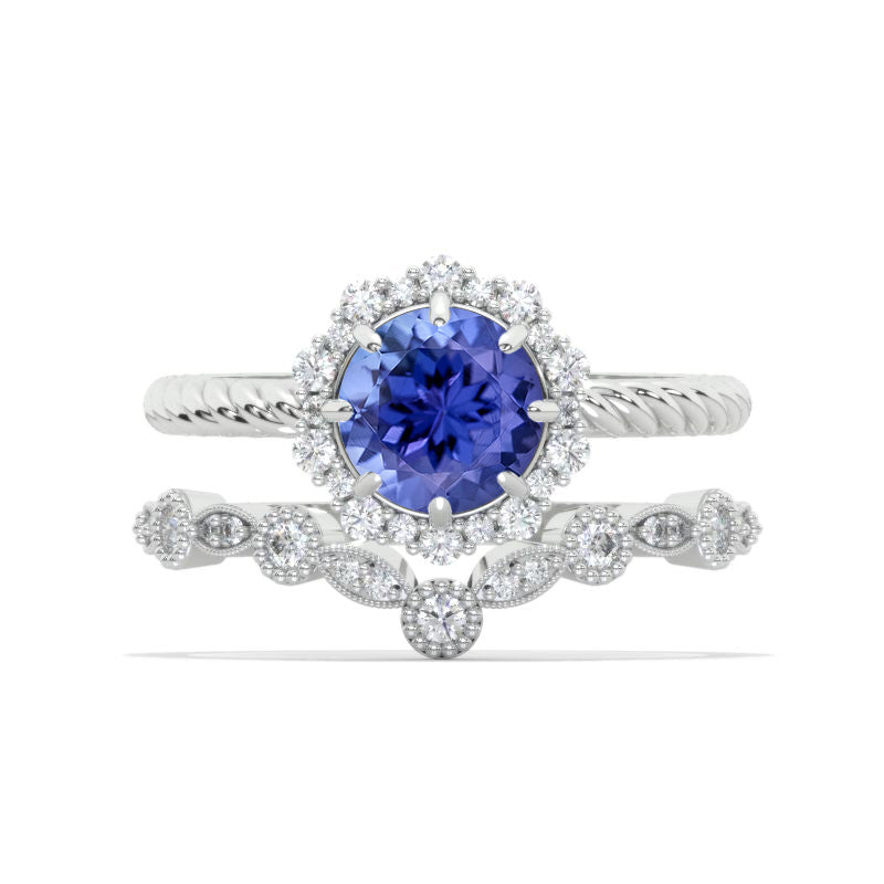 2 Carat Round Natural Genuine Tanzanite Halo 14k White Gold Engagement Ring Eternity Ring Set